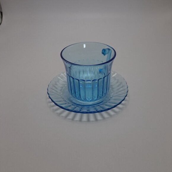 Fortecrisa Mexico Ice Azure Blue Ribbed Glass Cup & Saucer Set - Picture 4 of 11